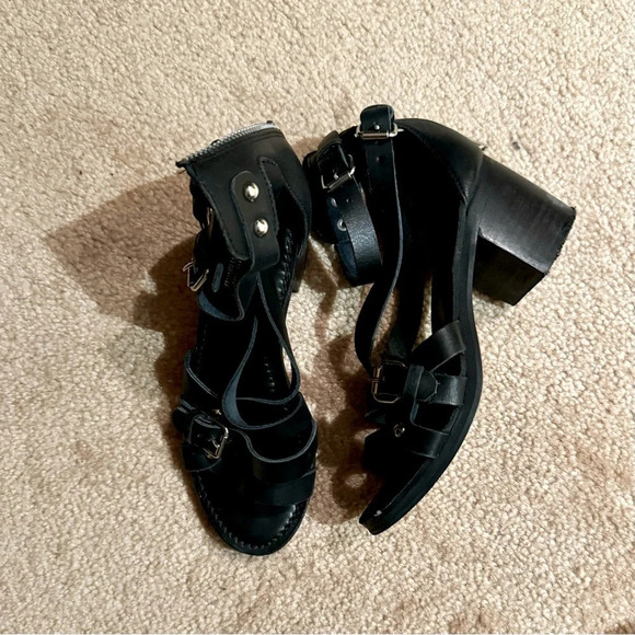 Anthropologie Seychelles Black ‎ Leather Strappy Sandals Block Heels Size 5.5 - Picture 3 of 4